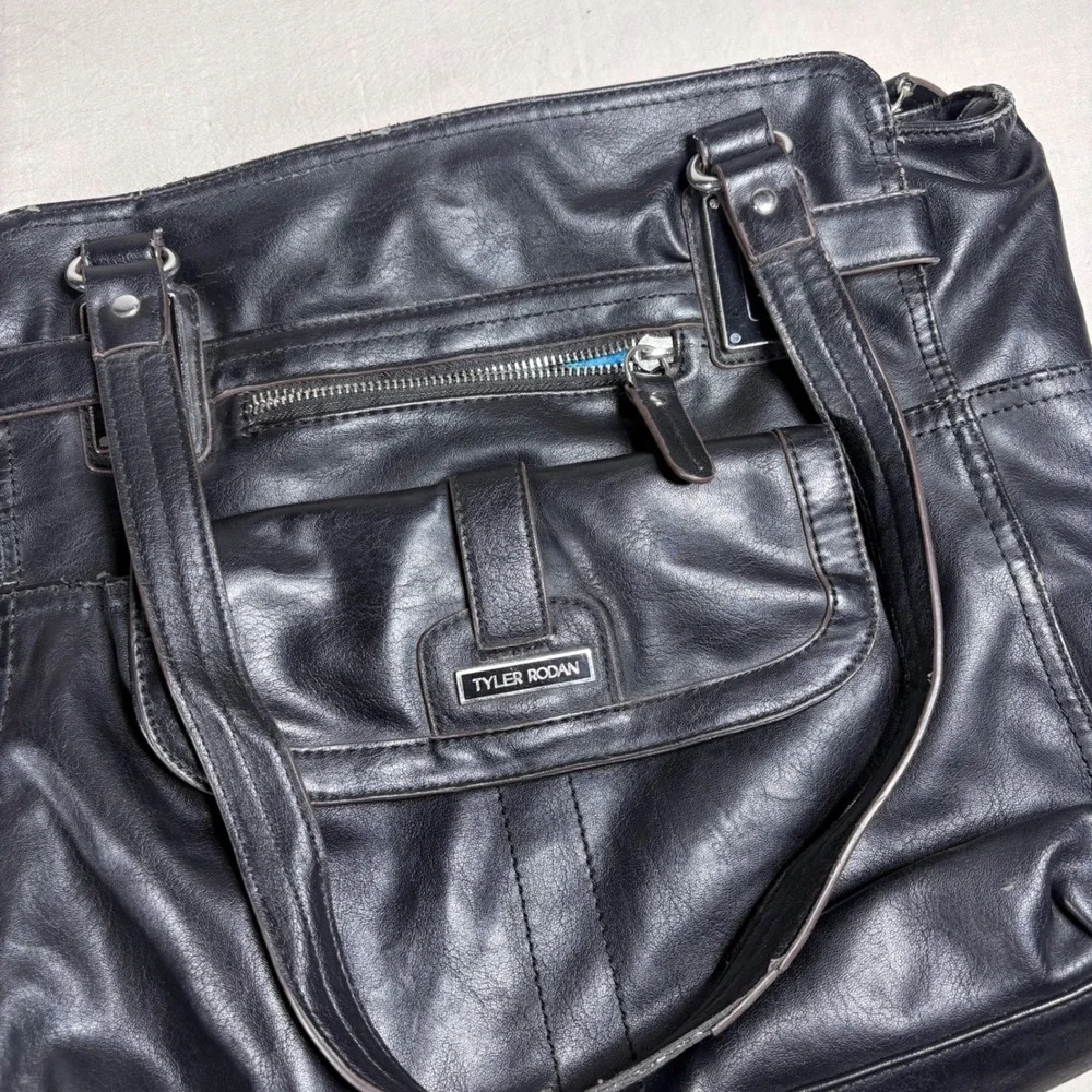Tyler Rodan Black Faux Leather Tote Bag Floral Lining Multi Pocket Laptop Bag